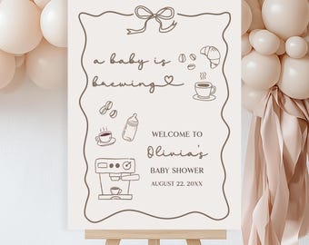 A Baby is Brewing Baby Shower Welcome Sign, Hand Drawn Coffee Baby Shower Welcome Sign Template, Gender Neutral Baby Shower Welcome Sign