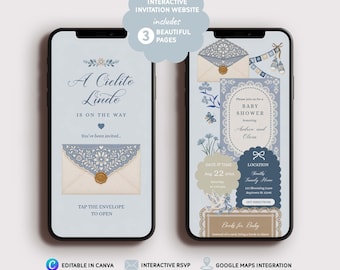 May include: Two smartphones displaying an interactive baby shower invitation website. The screens feature blue and cream floral designs, an envelope with a wax seal, and text including A Cielito Lindo Is On The Way, Baby Shower, and event details.