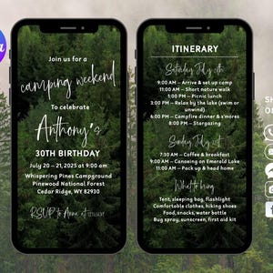 Invitación digital con itinerario para fin de semana de campamento, invitación en video con itinerario para fiesta de campamento, invitación digital con texto animado para iMessage para fiesta de campamento