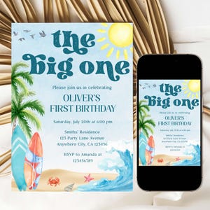 May include: A birthday invitation with a beach theme. The invitation features the text "The Big One" in teal, along with details for Oliver's first birthday. Includes illustrations of a surfboard, palm trees, and a sun.