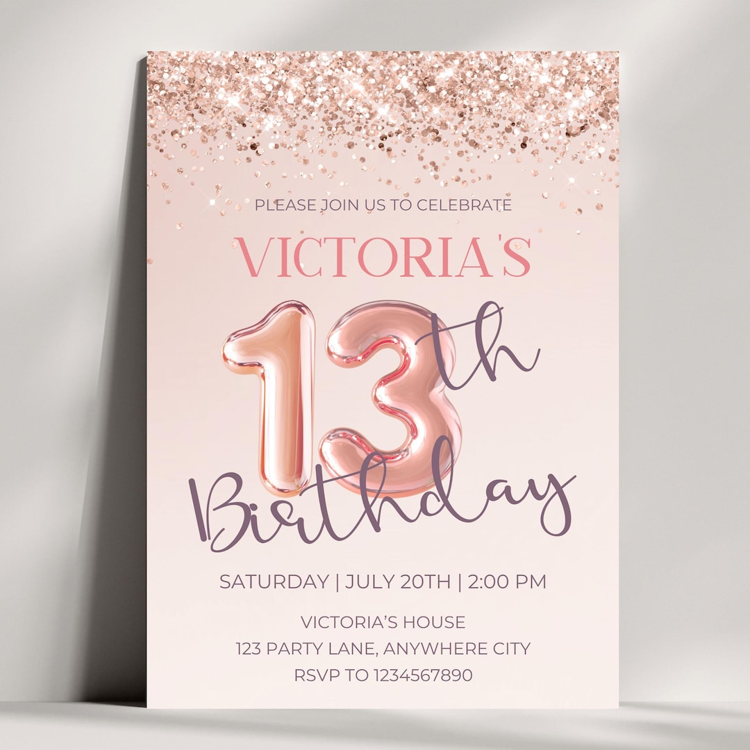 Rose Gold Glitter Birthday Invite, Editable 13th Birthday Invitation ...