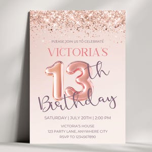 Invitation d'anniversaire de paillettes d'or rose, invitation modifiable pour le 13e anniversaire pour les filles, invitation pour le 13e anniversaire de conception de paillettes, téléchargement immédiat