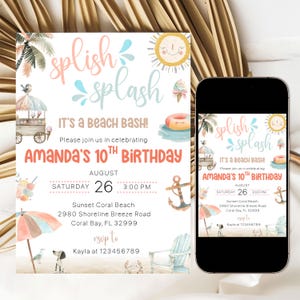 Beach Birthday Party Invitation Girl, Splish Splash Birthday Bash Invitation, Summer Tropical Swimming Party Invitation Instant Download