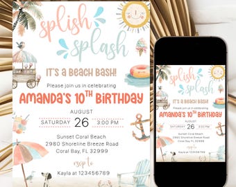 Invitation fête d'anniversaire plage fille, Invitation fête d'anniversaire Splash Splash, Invitation de fête de natation tropicale d'été Téléchargement immédiat