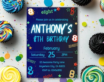 May include: A blue and black birthday invitation with colorful stars and the text "Anthony's 8th Birthday" in neon blue. The invitation includes the date, time, and location of the party.