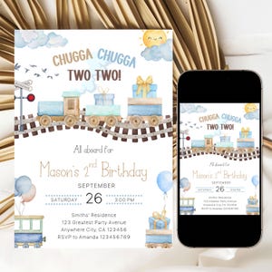 Chugga Chugga Two Two Birthday Invitation, Blue Brown Train 2nd Birthday Invite Boy, Editable Train Birthday Party Invite Instant Download
