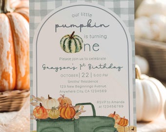 May include: A fall-themed birthday invitation with a watercolor design. The invitation features a green truck carrying pumpkins, with text that reads "Our Little Pumpkin is Turning One." Additional text includes the date, time, and location of the event.
