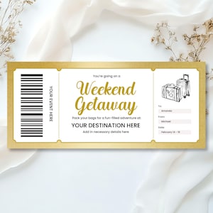 Editable Weekend Getaway Gift Voucher, Printable Weekend Away Surprise Trip Voucher, Gold Coupon Ticket Birthday Anniversary Gift
