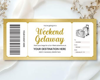 Editable Weekend Getaway Gift Voucher, Printable Weekend Away Surprise Trip Voucher, Gold Coupon Ticket Birthday Anniversary Gift