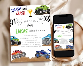 Editable Monster Truck Birthday Invitation, Monster Truck Birthday Party, Boom Crash It's a Monster Truck Bash, Monster Truck Kids Invite