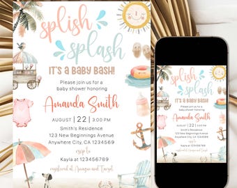 Invitación para baby shower de niña con efecto "Splish Splash", plantilla para baby shower de playa tropical, invitación editable para baby shower de verano, tarjeta rosa para baby shower de niña