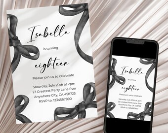 Editable Black Bow Birthday Invite, Simple Elegant Black Ribbon Birthday Invitation, Black Ribbon Coquette Design, 18th 30th Birthday Invite