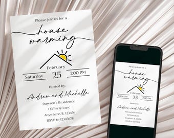 Bearbeitbare Einweihungsparty-Einladung, einfache Schwarz-Weiß-Haus-Sonne-Einweihungsparty-Einladung, druckbare Hauseinweihungsparty-Einladung