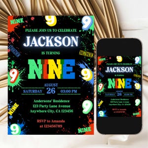 Editable 9th Birthday Invitation Boy Birthday Party Invite Numbers Invitation Canva Template Boy 9th Birthday Invitation Instant Download