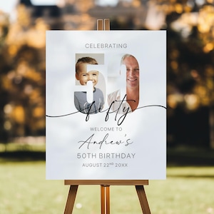 50th Birthday Welcome Sign with Photo, Minimalist 50th Birthday Party Banner, Gender Neutral Party Welcome Sign With Photo, Celebrating 50