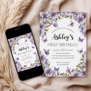 Purple Butterfly Birthday Invitation Template, Purple Floral Butterfly Birthday Invitation Any Age, Editable Butterfly Theme Party Invite