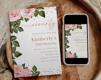 70th Birthday Invitation For Her Editable, Rose Gold Pink Floral 70th Birthday Invitation, Charming Elegant 70th Birthday Party Invite