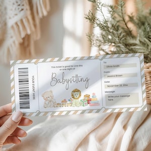 May include: A babysitting ticket with a beige and green striped border. The ticket includes the text "Babysitting" and has space for the recipient's name, the sender's name, the date, and a message.