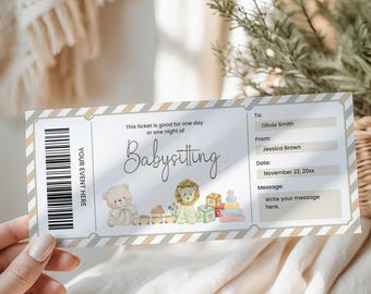 May include: A babysitting ticket with a beige and green striped border. The ticket includes the text "Babysitting" and has space for the recipient's name, the sender's name, the date, and a message.
