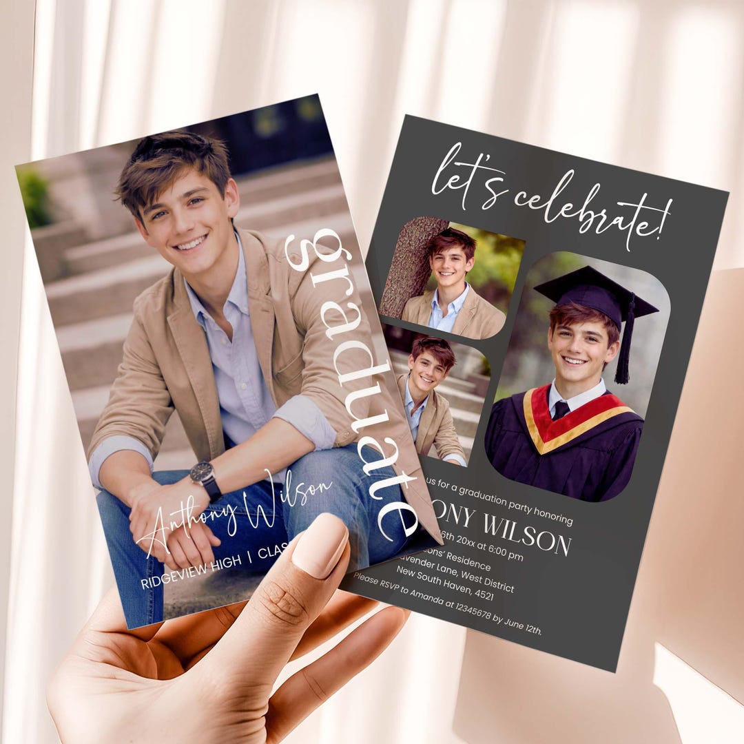 Modern Minimalist Graduation Invitation Boy, Dark Gray Photo Collage ...