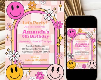 May include: A pink and yellow birthday invitation with a rainbow arch, smiley faces, and flowers. The text reads "Let's Party! Join us to celebrate Amanda's 5th Birthday. Saturday, June 10th at 3pm. Smiths' Residence 123 Greatest Party Avenue Anywhere City, CA 123456. RSVP to Julie at 123456789."