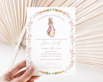 Peter Rabbit Baby Shower Invitation Girl, A Little Bunny Is On The Way Baby Shower Invite, Pink Peter Rabbit Some Bunny Baby Shower Template
