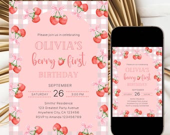 Plantilla de invitación para primer cumpleaños con bayas, invitación editable para primer cumpleaños de niña, invitación con lazo de fresa, descarga instantánea