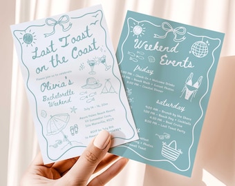 Last Toast on the Coast Bachelorette Invitation, Coastal Bachelorette Weekend Itinerary, Hand Drawn Whimsical Girls Trip Invite