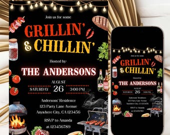 Grillin Chillin BBQ Birthday Invitation, Backyard BBQ Cookout Birthday Party Invite, Summer Grill Out BBQ Celebration, Barbecue Party Invite