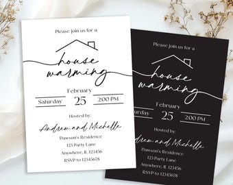 Editable House Warming Invitation, Simple Black White Housewarming Invite, Printable House Warming New Home Party Invitation