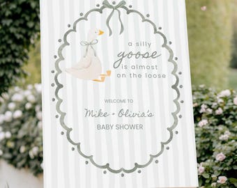 Cartello di benvenuto per baby shower Silly Goose, poster di benvenuto neutro verde salvia (download digitale)