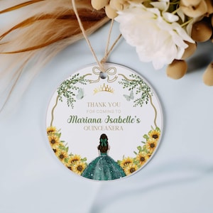Etiqueta de agradecimiento de Quinceañera de girasol verde esmeralda, plantilla editable de etiqueta de favor de Mis Quince Años (descarga digital)