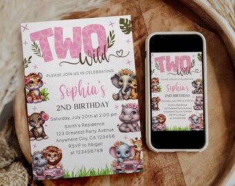Editable Two Wild Birthday Invitation, Animals Birthday Invitation For Girls, Jungle Safari 2nd Birthday Party Invite Instant Download
