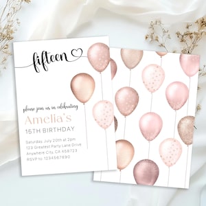 Invitación de cumpleaños número 15 en oro rosa, invitación editable para cumpleaños número 15 de niña, diseño de globos con purpurina en oro rosa para cumpleaños número 15