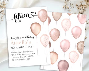 Rose Gold 15th Birthday Invitation, Glitter Balloons (Digital Download)