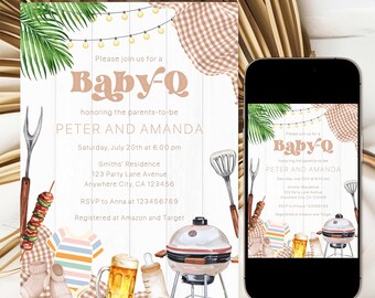 Baby-Q babyshower uitnodiging sjabloon, genderneutrale achtertuin babyshower uitnodiging, BBQ-party baby strooi uitnodiging, BBQ babyshower