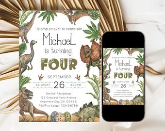 Invitación de cumpleaños de dinosaurio para cualquier edad, plantilla de invitación de fiesta de cumpleaños de dinosaurio editable para niño, descarga instantánea, invitación imprimible