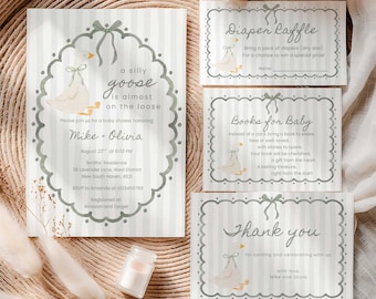 Silly Goose Baby Shower Invitation Bundle, Sage Green Gender Neutral Goose Party Template Set (Digital Download)