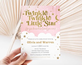 May include: A pink baby shower invitation with gold text and star accents. The invitation reads "Twinkle Twinkle Little Star" and includes details for Olivia and Warren's baby shower, including the date, time, and location.