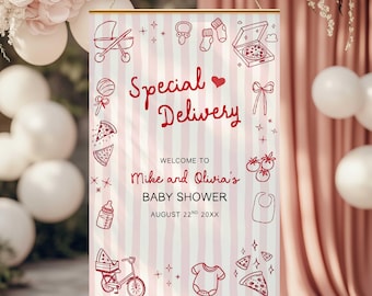May include: A pink and white striped baby shower banner with the words "Special Delivery" in red script. The banner includes illustrations of baby items and the names "Mike and Olivia" with the date.