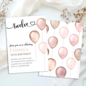 Editable 12th Birthday Invitation Girl, Simple Rose Gold Balloons Glitter Design 12th Birthday Party Invitation, Instant Download