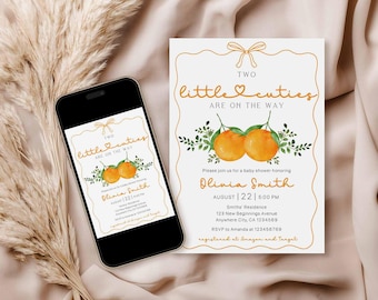Invito per baby shower "Two Little Cuties", modello modificabile per baby shower con fiocco arancione e agrumi, invito per baby shower con gemelli, download immediato