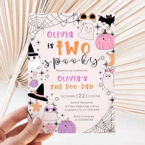 Two Spooky Birthday Invitation Girl, Halloween 2nd Birthday Invite Girl, Cute Pink and Orange Ghost Theme, Spooktacular 2nd Birthday Invite
