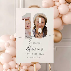 May include: A personalized 18th birthday welcome sign featuring two photos within the numbers of "18". The sign includes the name "Madison's", the words "18th Birthday", and the date "August 22nd 20XX". The sign is displayed on a gold easel.