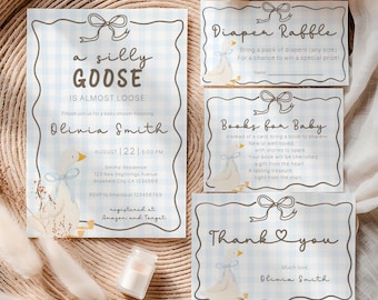 Silly Goose Baby Shower Invitation Bundle, Blue Gingham (Digital Download)