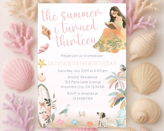 Invitación editable para cumpleaños número 13 de verano, invitación para la fiesta "El verano que cumplí 13", fiesta de cumpleaños número 13 en la playa, invitación para fiesta de preadolescentes amantes de los libros