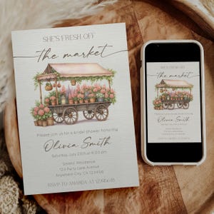 Frisch aus dem Markt Brautparty-Einladung, bearbeitbare Vintage Blumenwagen-Brauteinladung, rustikale Garten-Brautparty-Einladungsvorlage
