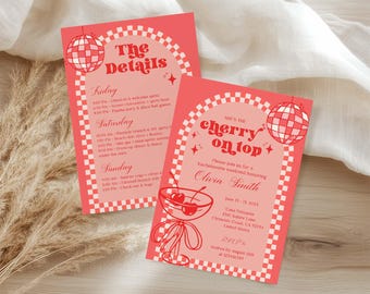 She’s The Cherry On Top Bachelorette Invitation Itinerary, Cherry Cocktail Bachelorette Weekend Template, Red Checkered Bach Party Invite