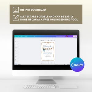 May include: A computer monitor displays a baby shower invitation design. The invitation features a cowboy theme with illustrations and text. The top banner reads "INSTANT DOWNLOAD" and "ALL TEXT ARE EDITABLE AND CAN BE EASILY DONE IN CANVA, A FREE ONLINE EDITING TOOL". A Canva logo is visible.