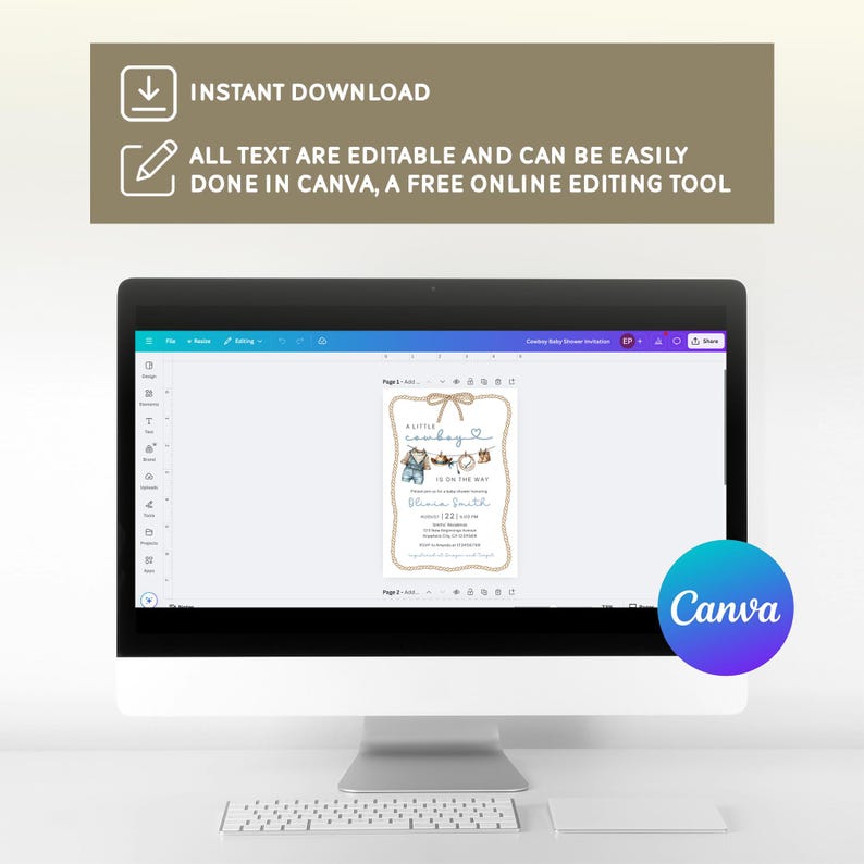 May include: A computer monitor displays a baby shower invitation design. The invitation features a cowboy theme with illustrations and text. The top banner reads "INSTANT DOWNLOAD" and "ALL TEXT ARE EDITABLE AND CAN BE EASILY DONE IN CANVA, A FREE ONLINE EDITING TOOL". A Canva logo is visible.